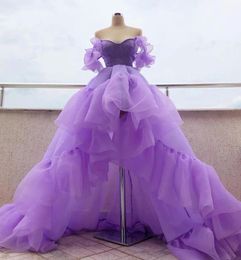 2021 Juniors High Low Sweep Train Prom Dresses Arabic Lavender Ruffles Off the Shoulder Organza Evening Gown Women Party Dress for5753237