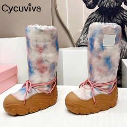 Boots Thick Bottom Winter Platform Knee High Boots For Women Lace Up Warm Flat Fur Shoes Cotton Plush Designer Snow Botas Mujer 2024