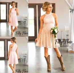Short Country Style Bridesmaid Dresses High Collar Beaded Full Lace Maid Of Honor Gowns Vintage Knee Length Wedding Guest Dress3187160