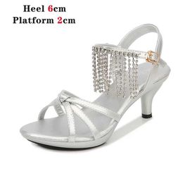 Dress Shoes Stripers Sandals Women Size 43 Thin Heels Fringe Diamonds Chain Summer Colors Peep Toe Sexy Nightclub Party H240321MJ38FUPE