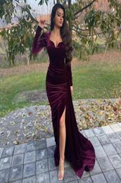 Arabic Mermaid Evening Dresses Long Sleeve Side Split Morocco Kaftan Soft Velvet Prom Dresses formal Party Gowns1498898