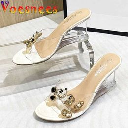 Dress Shoes Cute Cartoon Animation Slippers Summer Sandals Transparent PVC Wedges Women Shoe Fashion Bling Diamond Shallow Mouth Heels Pumps H240325