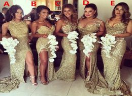 Gold Sequined Bridesmaid Dresses Mermaid Sparkly Bling Backless Slit Evening Dresses Plus Size Maid Of The Honour Gowns Wedding Par3094836