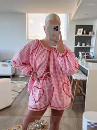 Women's Tracksuits Pink Quilted Plaid Print Shirt Shorts Suit Women Pockets Long Sleeves 2 Piece Set Spring Summer Sweet Casual Holiday Lady