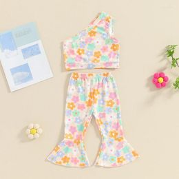 Clothing Sets 2024-01-29 Lioraitiin Toddler Baby Girl Summer Clothes One Shoulder Crop Top T-shirt Floral Flared Pant Bell Bottoms Set