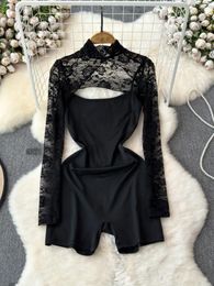 Women's Tracksuits Foamlina Women Sexy 2 Pieces Set Chic See Through Long Sleeve Mesh Lace Crop Top And Spaghetti Strap Backless Playsuits