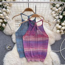 Women's Tanks Sweet Tank Top For Women Hollow Out Knitted Exposed Shoulders Camisole Female Solid Colour Stretch Halter Tops Summer Dropship