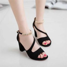 Dress Shoes 2023 Summer Fish Mouth Style Large Size 34-42 Solid Color Fashion Beaded One-line Buckle All-matching Low Top Sandals for WomenVTCY H240321