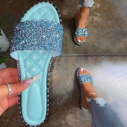 Slippers Bling Rhinestone Crystal Slides Women Summer Flat Shoes Sewing Sliders Womens Wholesale Ins Trending 202201V24V H240322
