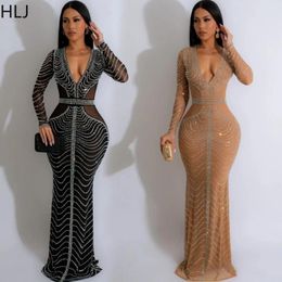 Casual Dresses HLJ Fashion Mesh Rhinestone Bodycon Evening Party Women Deep V Long Sleeve Slim Vestidos Sexy Female Perspective Clothes