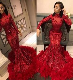 2022 African Black Girl Sparkly Red Sirena Abiti da ballo Paillettes con piume Abiti da sera a maniche lunghe Abito da festa formale Cust4997552