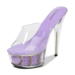 Dress Shoes Sandals Woman 2020 Rose Tremble Mules Slides Transparent Slippers Large Waterproof Table Crystal heel 15cm Super Hee H2403254