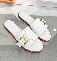 Summer Luxury Gold-toned Marcie Buckle Sandals Shoes Calfskin Leather Slide Flats TPU Sole Slip-on Mule Comfortable Daily Lady Beach Slippers EU35-43