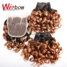 Wigs Bouncy Curly Bundles Human Hair With Closure 6Pcs Brazilian Weaveing Bundles With Closure 4x4 For Women Ombre 1B30 Curly Hair