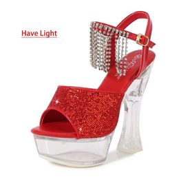 Dress Shoes Woman 14CM Thick Heel Shoe LED Luminous Transparent Platform Diamond Tassels Sandals For Women Light Up Glowing Pole Dance H24032185IENHGZ