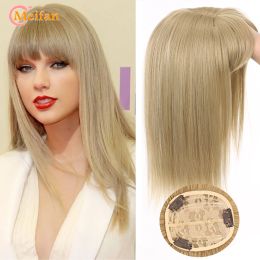 Piece MEIFAN Synthetic Top Hair Pieces with Bang Half Head Cover White Hair Stright Natural Fluffy Invisible Replacement Fake Hairpiec