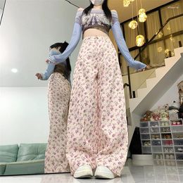 Women's Pants 2024 Spring/Summer Floral Loose Fitting High Waisted Slimming Straight Leg Wide For Casual Floor Mopping
