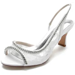 Sandals Female White Crystal Lace Mesh Air Sandal Daily Shoes Thick Heels Open Fish Round Heads Wedding Bride Bridesmaid