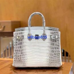 Tote Bags Himalaya Crocodile Handbag Genuine Handmade Wax Thread Sewn Platinum Bag 25cm Himalayan Imported Nile Crocodile Skin Silver Buckl have logo HBVS60