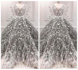 2019 New Grey V Neck Formal Dresses Evening Feather Special Occasion Party Gowns Celebrity Lace Appliques Prom Gowns Luxurious6013078