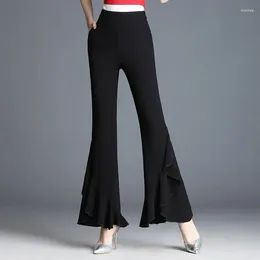 Women's Pants Temperament Simple Fashion High Waist Black Bell Bottomed Spring Summer Thin Pocket Straight Slim Fit Trousers