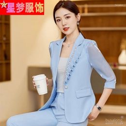 Women's Two Piece Pants Blue Suit Jacket Summer Thin Fashion Elegant Beaded Trim 3/4 Sleeve Small Professional Tailored