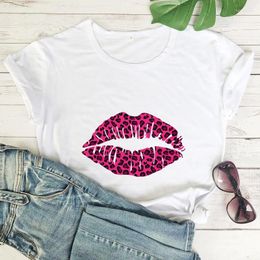 Women's T Shirts Colored Leopard Pink Lips T-shirt Cute Women Valentine's Day Gift Tshirt Funny Feminist Graphic Tee Shirt Top