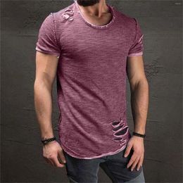 Men's T Shirts Summer Casual Solid Colour Short Sleeve Holet Shirt Men Fashion Cotton Slim Fit O Neck Tops Hole Ripped Y2K Male Streetwear