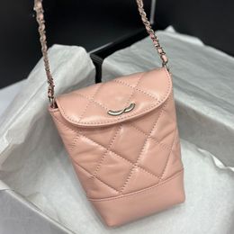 Bolsa feminina com aba balde 16cm mini crossbody noite embreagem prata hardware bolsa de luxo couro matelassê corrente bola de prata corrente ajustável porta cartão pochette