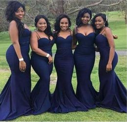 African Spaghetti Straps Mermaid Bridesmaid Dresses Dark Navy Sheath Bridesmaid Gowns Low Back Wedding Guest Dresses Formal Party 6640348