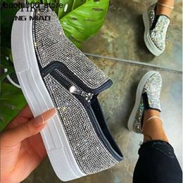 Casual Shoes Womens sports shoe platform Vulcanised womens sparkling crystal loafers autumn leisure apartment zippered shoes large size 35-43 Q240320