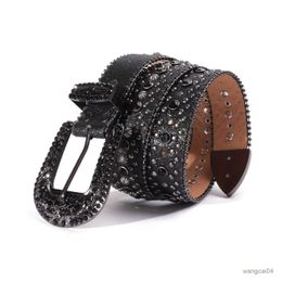 Belts Black Rhinestone Inlaid PU Belt Western Floral Texture Buckle Belt Sparkling Rivet Studded Waistband Vintage Cowboy Cowgirl Belt For Women Men