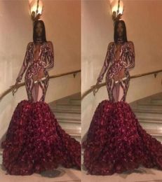High Neck 2022 African Mermaid Prom Party Dresses Sexy Open Neck Appliques Rose Train Evening Gowns Zipper Back Long Sleeves1552116