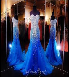 2020 Prom Dresses Mermaid Sweetheart Evening Dresses Wear Royal Blue Crystal Major Beading Tulle Long Party Dress Plus Size Formal8490322