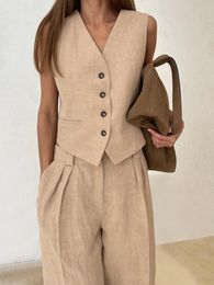 Women's Two Piece Pants Linen Elegant V-neck Vest Long Straight Suits Sleeveless Cropped Tops Pieces Set Summer Women Slim Leisure