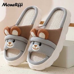 Slippers New Cow Women Shoes Summer Linen Indoor Non-Slip Cute Cartoon Sandals House Flip Flops Kaii Slides Ladies01Z6OS H240322CHXR H240322