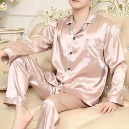 Men's Sleepwear Pyjama Set Satin Striped Plaid Pyjama Nightwear Loungewear Casual Homewear