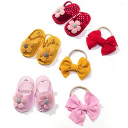 First Walkers 0-12M Born Baby Flower Shoes Sandals Headband Set Kids Toddler Infant Walker Soft Girls Hair Accessories