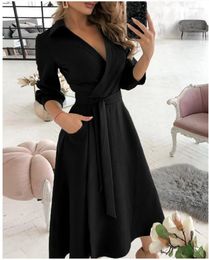 Casual Dresses 2024 Women's Spring/Summer Leisure Solid Colour Fashion Long Sleeved V-neck Printed Wrapped Hip Dress