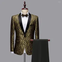 Men's Suits 2Pcs/Set Stage Performance Suit Two Piece Single Buckle Shining Long Sleeve Skin-touch Party Wearing Polyester Perfor