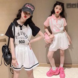 Clothing Sets 2024 Spring Summer Girls Sailor White Patchwork Polo Letters T Shirt Jk Skirt Toddler Teenager Children Set 5 9 10 11 12 Year