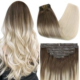 Extensions Vesunny PU Clip in Hair Extensions Blonde Balayage 7pcs/Set 130g Clip On Real Human Hair Extensions Seamless Clip on Double Weft