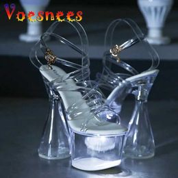 Dress Shoes Fashion Transparent Belt Sandals Summer New Nightclub Light Up Glowing Stage Round Heel Petal Platform Crystal H2403256