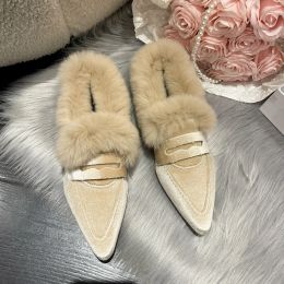 Loafers New 2023 Luxury Fur Furry Women Slippers Fur Flat Mules Fashion Velour Slides Indoor Outdoor Sexy Cotton Warm Slides Winter