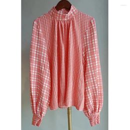 Women's Blouses 2024 Spring And Summer Special Offer Women Half-high Red White Plaid Collar Lantern Sleeve Shirt