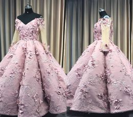 Pink Evening Dresses V Neck Off Shoulder Lace 3D Floral Appliques Long Sleeve Formal Prom Dress Party Gowns Sweep Train Robes De S8459814