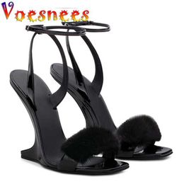 Dress Shoes Summer Women Hairy Sandals Fashion Mink Fur Wedges For Party 2021 Sexy One Word Band No Heel High-Heel H240325