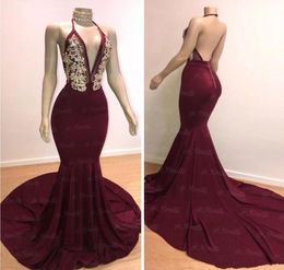 Burgundy Prom Dresses 2019 Sexy Deep V Neck Open Back Evening Gowns Gold Crystal Bead Party Red Carpet Dress Formal Gown6536716