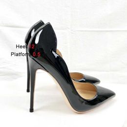 Dress Shoes Unique Tailoring High Heels 2023 New Office Women Pumps Black Patent Leather Pointed Toe Stiletto Big Size Elegant Style H24032501