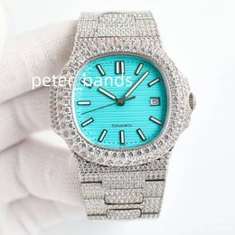 Top Quality men watch Fashion Silver Men's Watch 40mm Ice Out Full Diamond Bezel Automatic Movement blue face217M